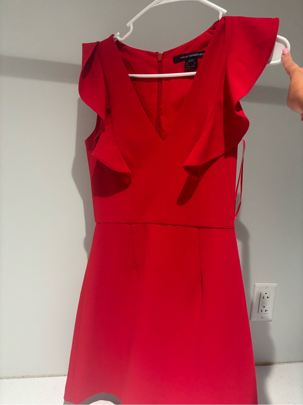 French Connection Vibrant Red Ruffle V-Neck Mini Dress